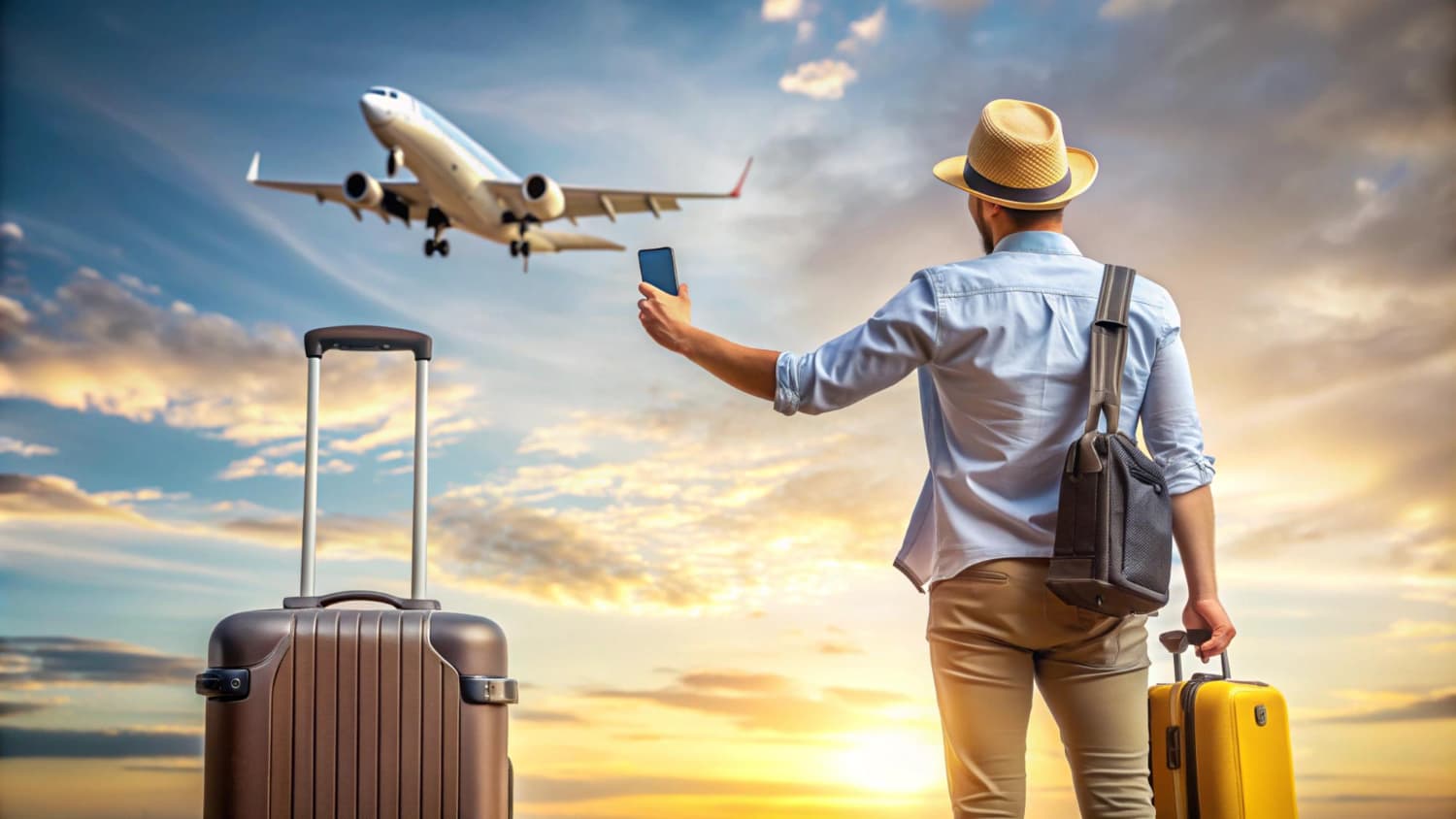 Traveler with luggage and airplane